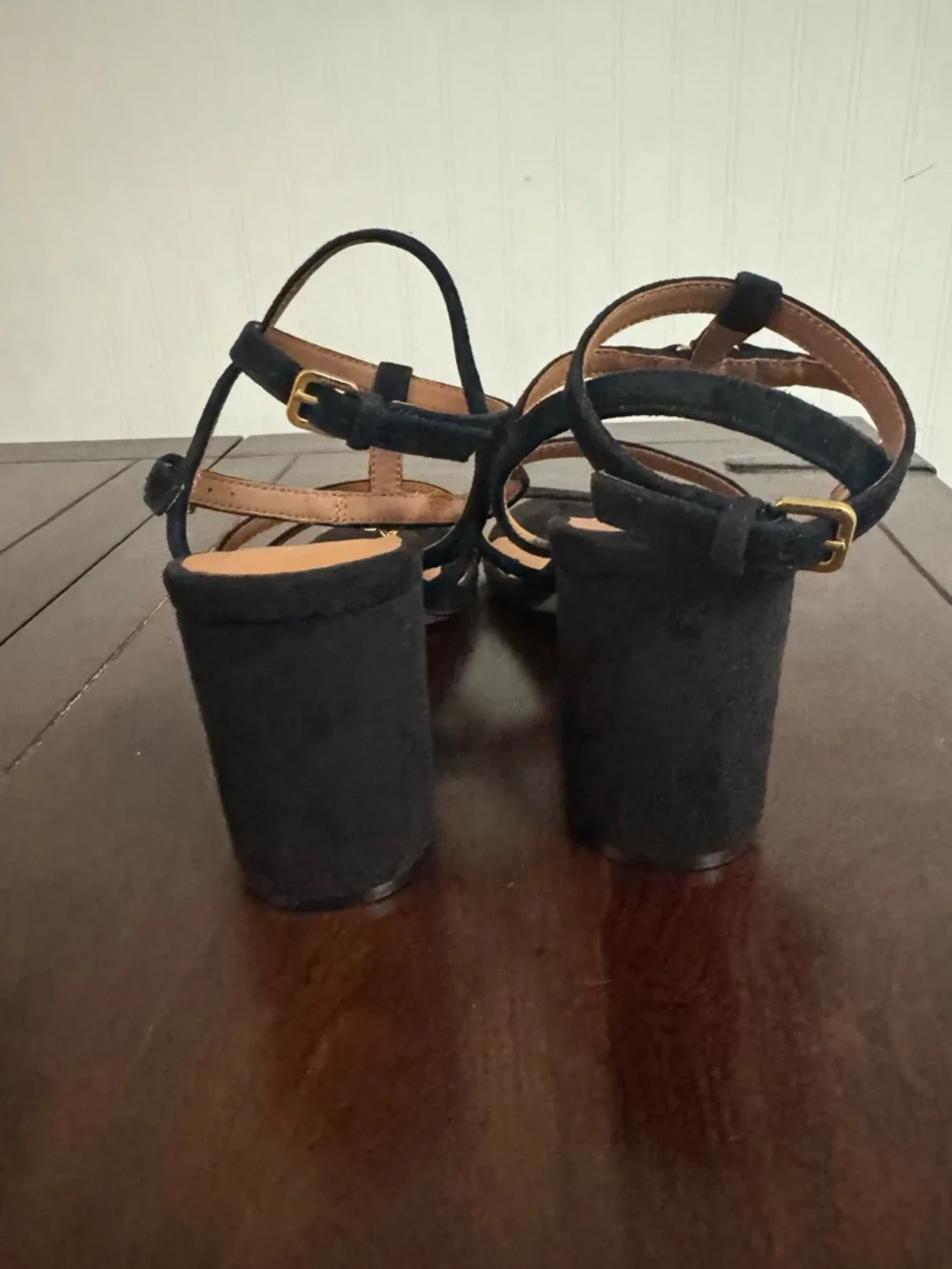 Kurt Geiger Black Strappy Velvet Block Heel Sandal with Gold Accents - Picture 4 of 7